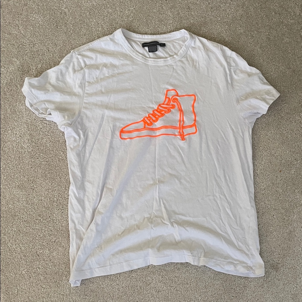 French Connection White Tee with Neon Orange Sneaker Graphic